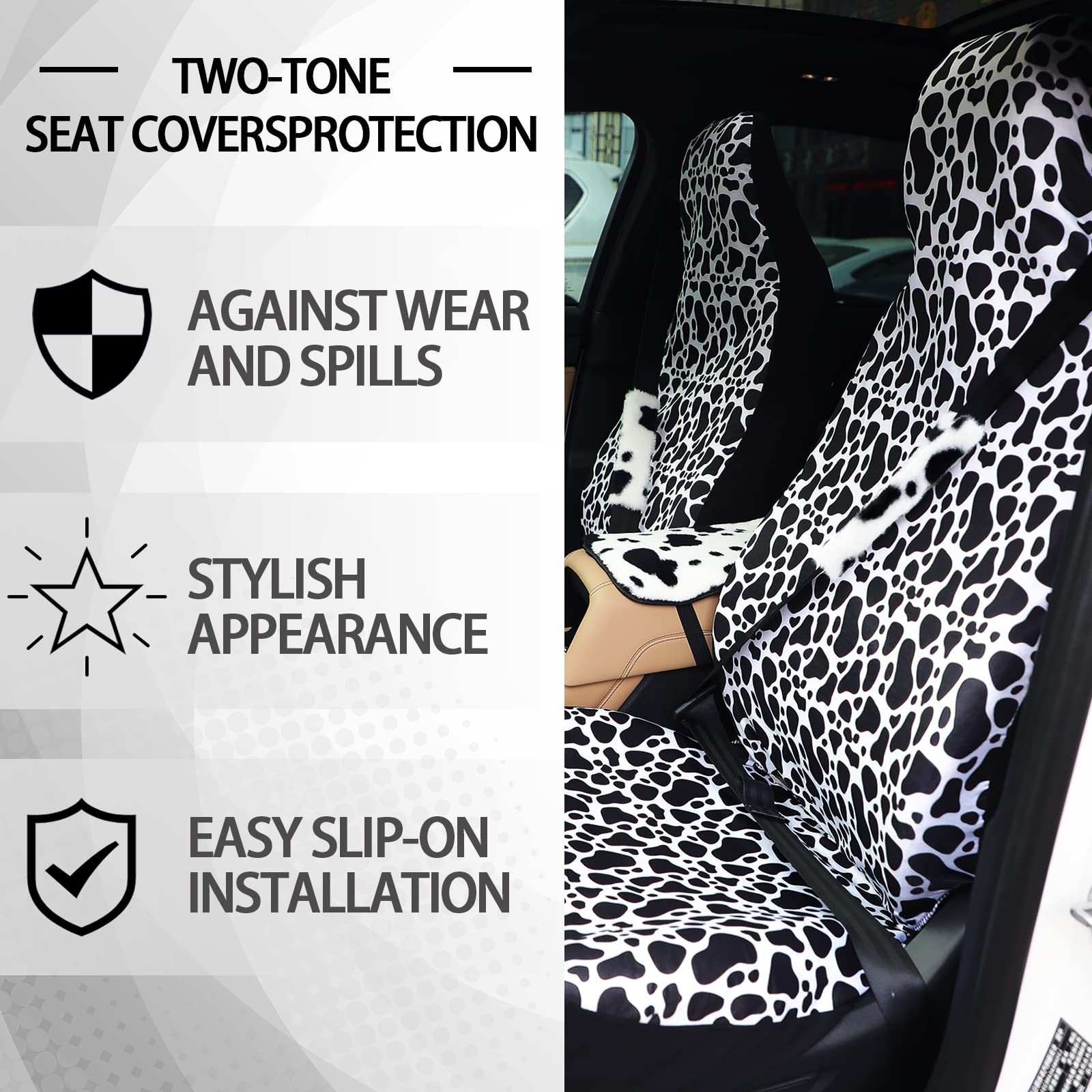 26PCS Cow Print Car Seat Covers Set - Soft Fluffy Steering Wheel Cover & Accessories for Women's Car Interior - Perfect for Winter & Christmas Gifts