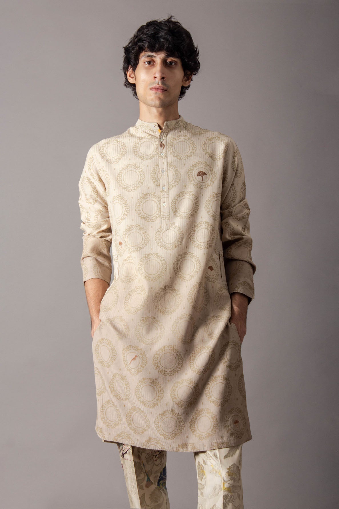 Roshan Bade Miyan Kurta - Premium Muga Satin Beige Circular Kurta for Men - Perfect for Festivals, Weddings & Cultural Events