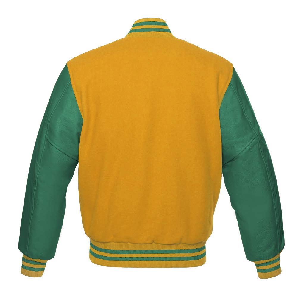 Varsity Jacket for Men - Baseball Letterman Bomber Jacket with Yellow Wool Body & Genuine Green Leather Sleeves | High School & College Style | Perfect for Sports Events, Casual Wear & Retro Fashion