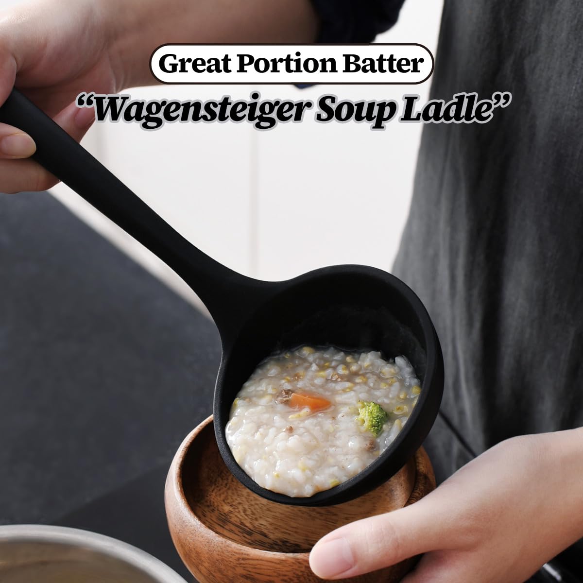 **Heat-Resistant Silicone Cooking Ladle with Long Wooden Handle - Gentle Head Design Protects Cookware - Perfect for Portioning Batter, Soup & Stir-Fry - Ideal for Chefs & Home Kitchens**    *(Use Scenes: Great for cooking soups, sauces, batters, and stir-fries in woks, pots, and pans. Safe for non-stick cookware and perfect for professional chefs or home cooks.)*