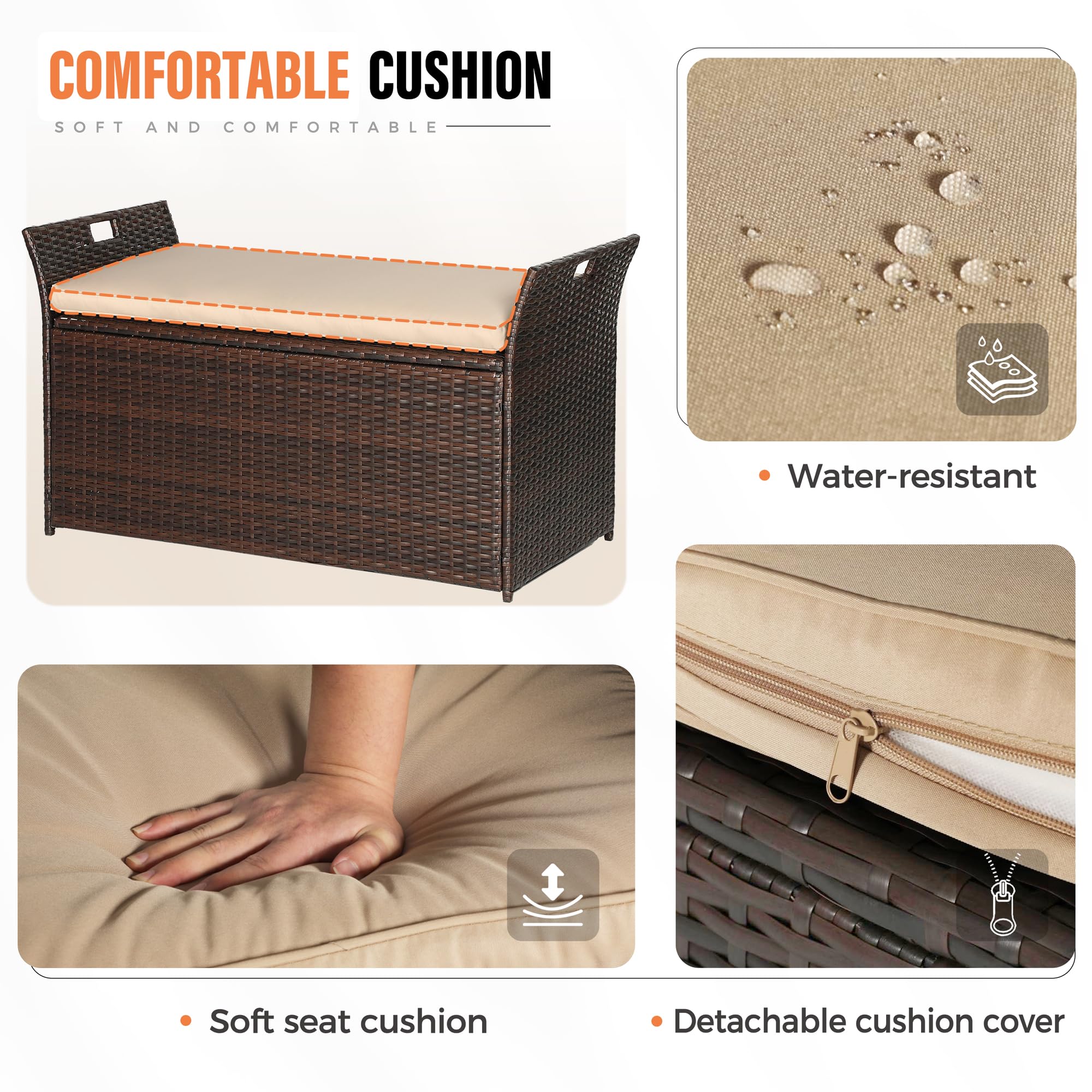 CrownLand 80 Gallon Outdoor Storage Bench with Cushion - Waterproof Wicker Patio Deck Box with Seat - Perfect for Garden, Balcony, Poolside & Backyard Furniture Storage (Brown)