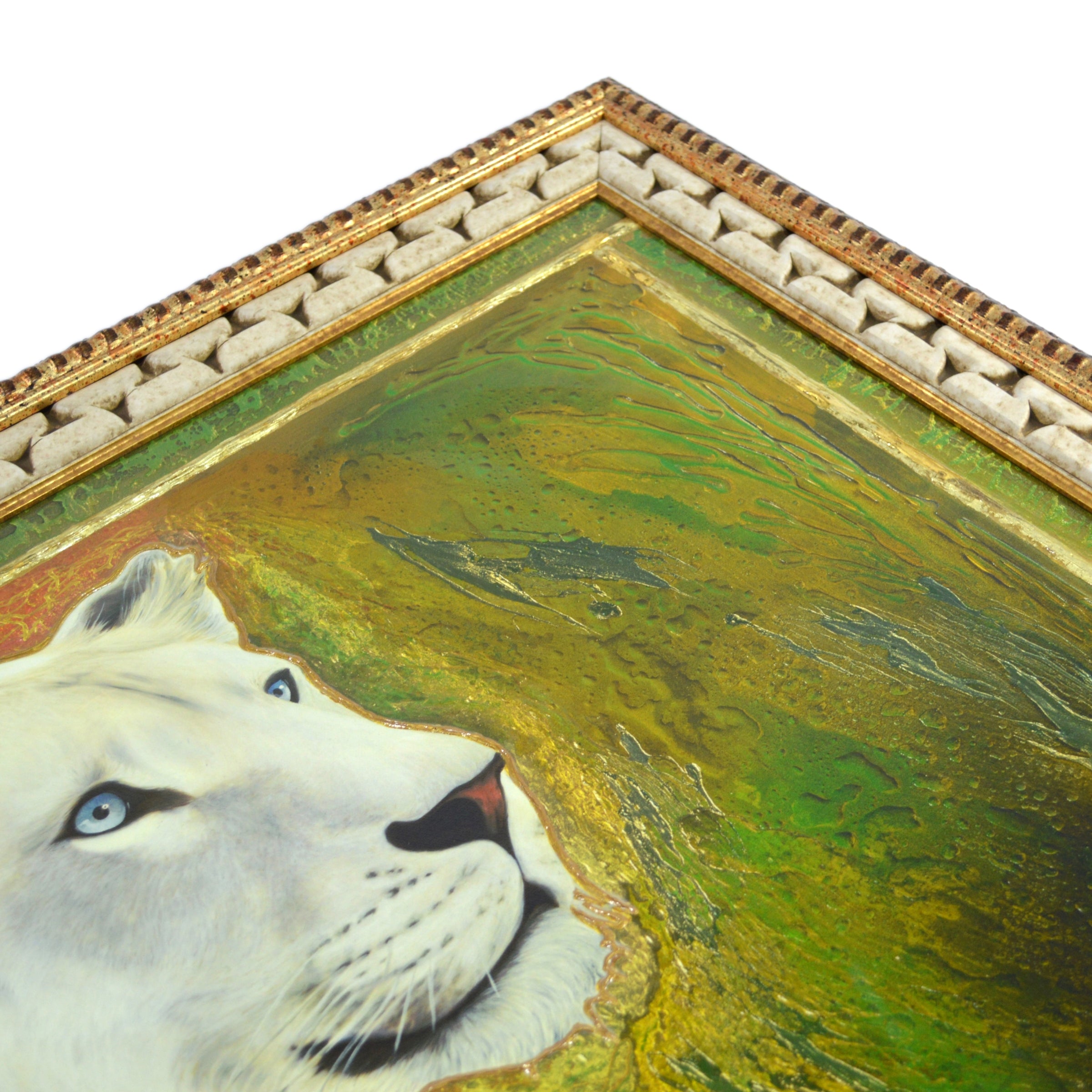 Original Juergen Aldag Mixed Media Painting - Sarmoti White Lion - Rare Artwork for Home & Office Decor