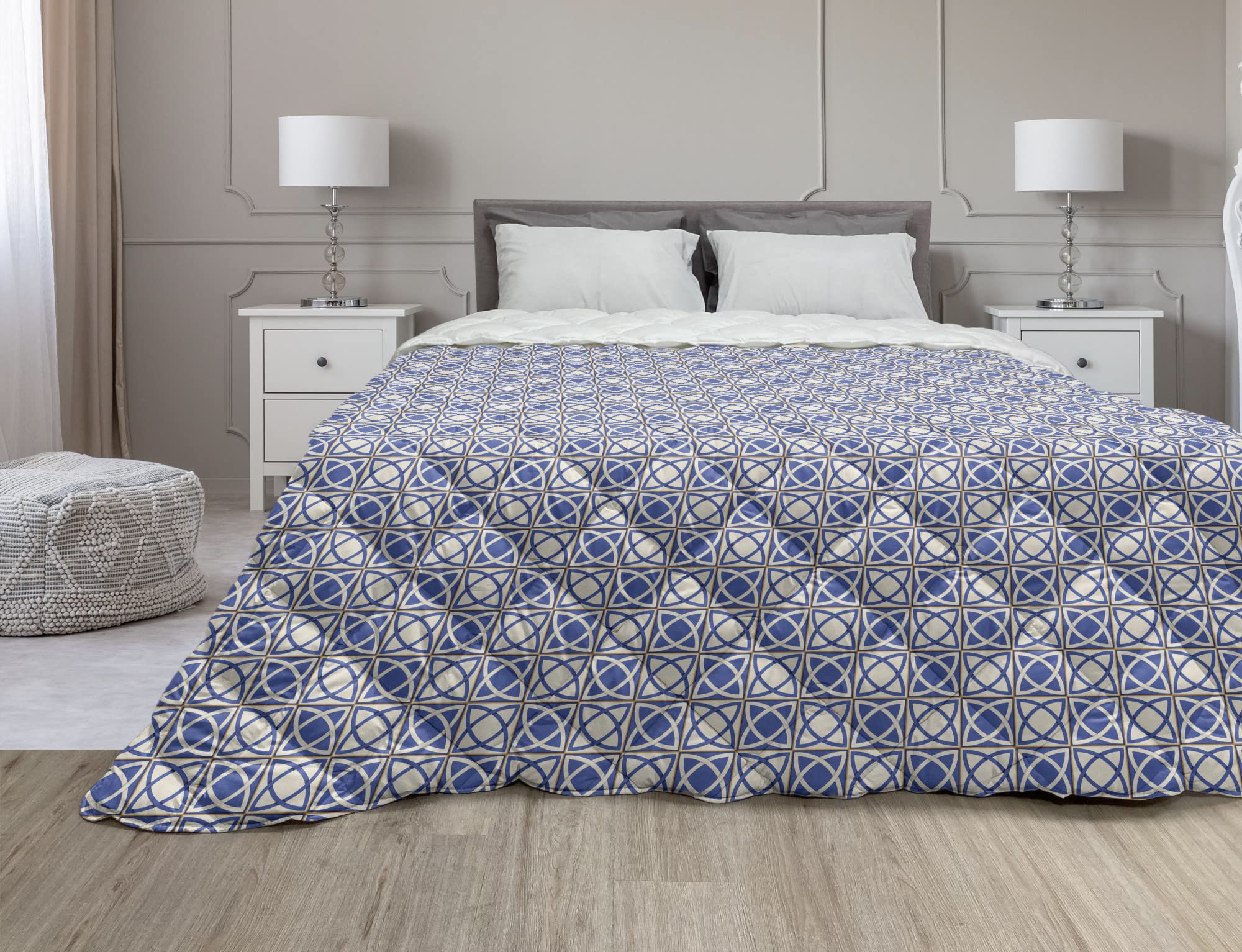 Ambesonne Abstract Down Alternative Comforter - Rhythmic Azulejo Inspired Portuguese Design in Square Patterns, All-Season Microfiber Quilt, Full Size, Dark Violet & Eggshell - Perfect for Bedroom Decor & Guest Room Styling