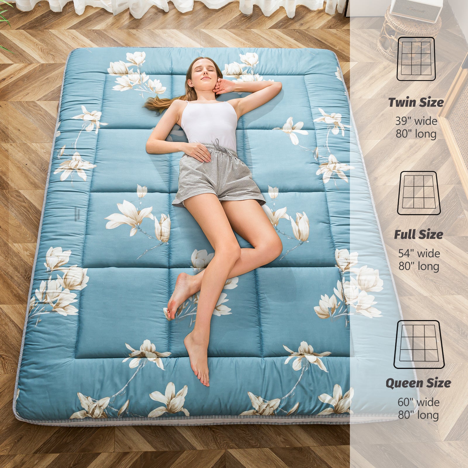 MAXYOYO Padded Japanese Floor Mattress - Floral Printed Futon Mattress & Folding Sleeping Pad for Guest Bed, Camping, Yoga & Meditation | Comfortable Floor Cushion for Small Spaces