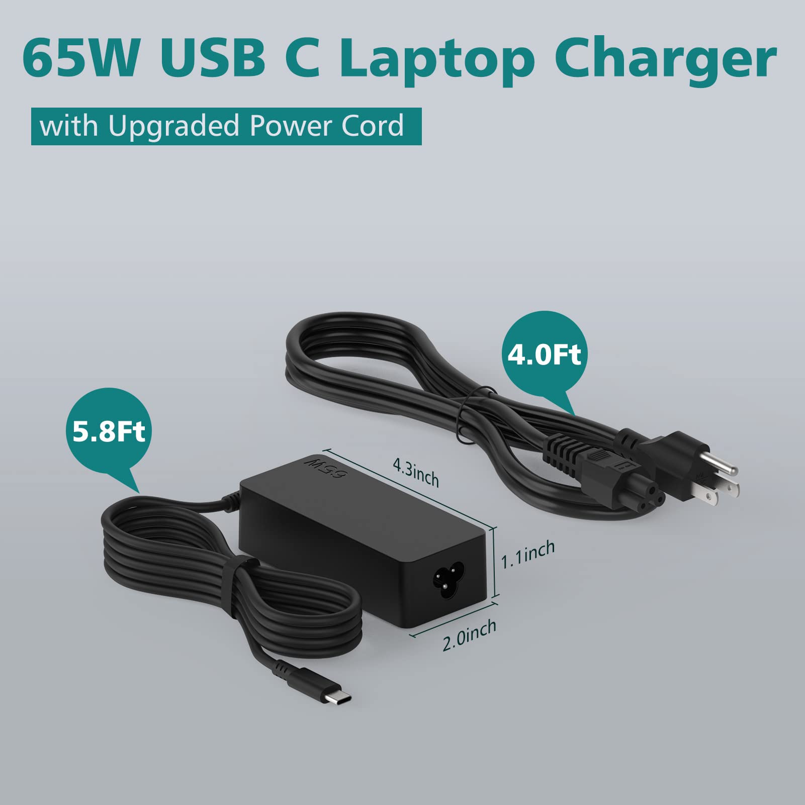 65W USB C Fast Charger for Lenovo Laptop - Compatible with ThinkPad, Yoga, Chromebook Series | 10ft Long Power Cord | Perfect for Home, Office & Travel Charging