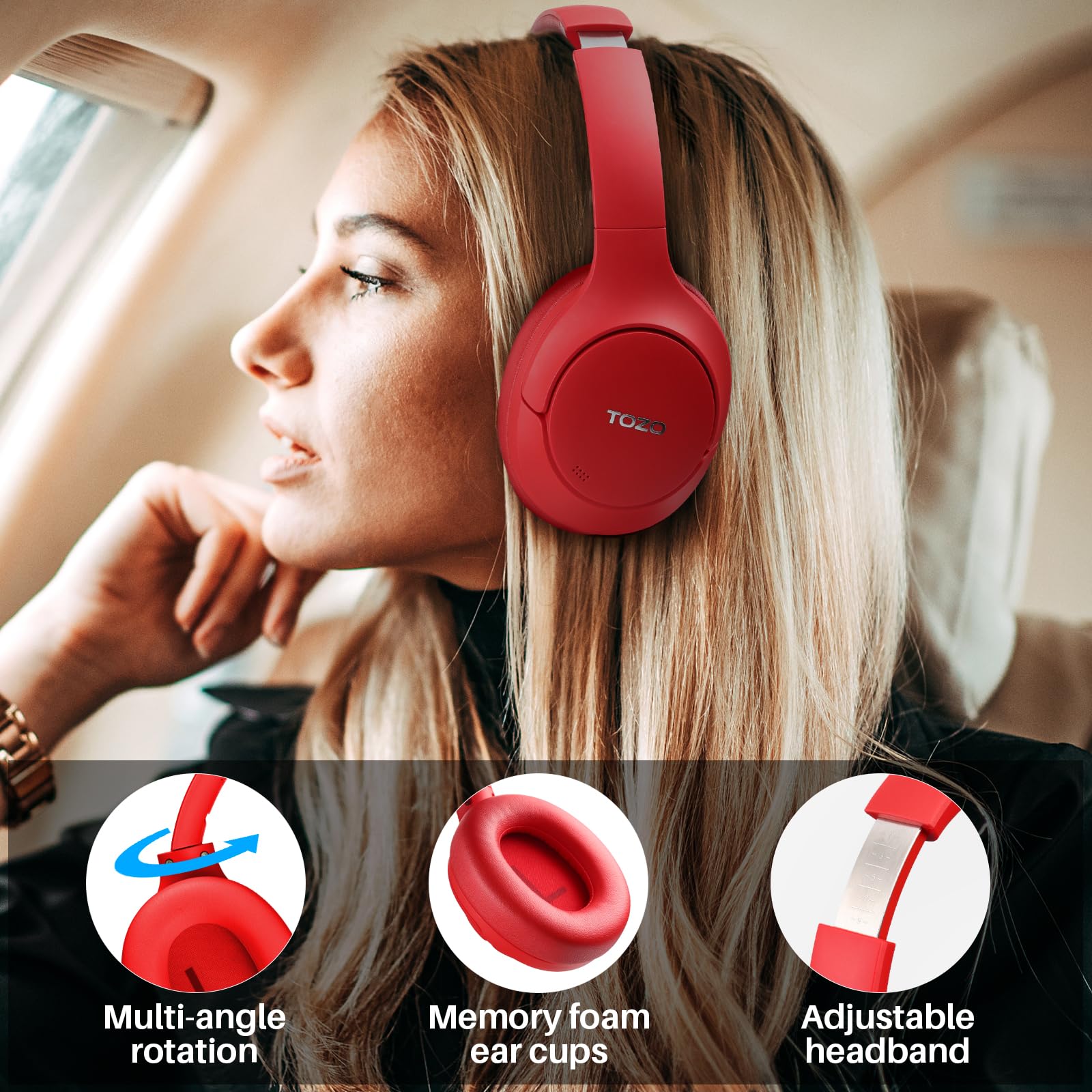 TOZO HT2 Hybrid Active Noise Cancelling Wireless Headphones - 60H Playtime, Hi-Res Audio, Deep Bass, Foldable & Lightweight Over-Ear Bluetooth Headphones for Workout, Travel & Office Use