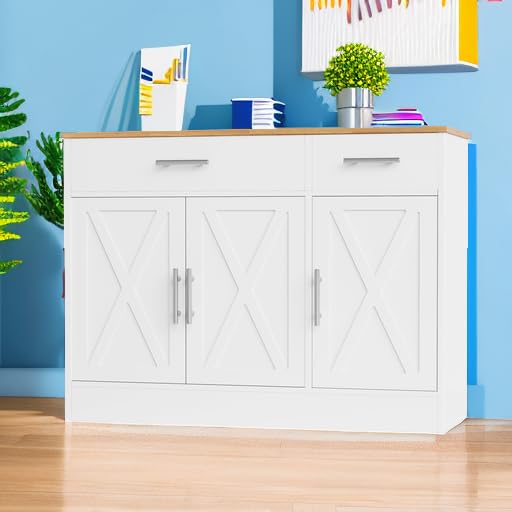 Modern Farmhouse Sideboard Buffet Cabinet with 3 Barn Doors & Adjustable Shelves - 42