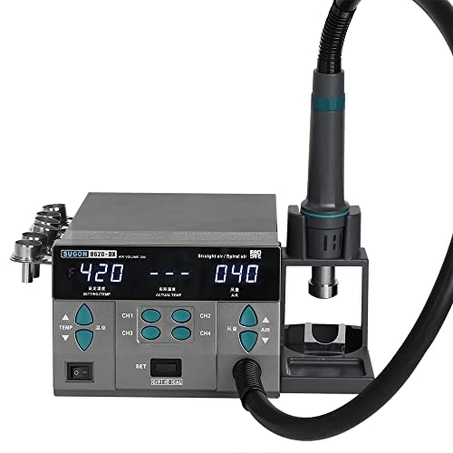 SUGON 8620DX 220V 1300W Digital Hot Air Rework Station with Adjustable Temperature (212°F-845°F), 4 Memory Presets & 6 Nozzles - Professional SMD Soldering Station for PCB Repair, Electronics Rework, and DIY Projects