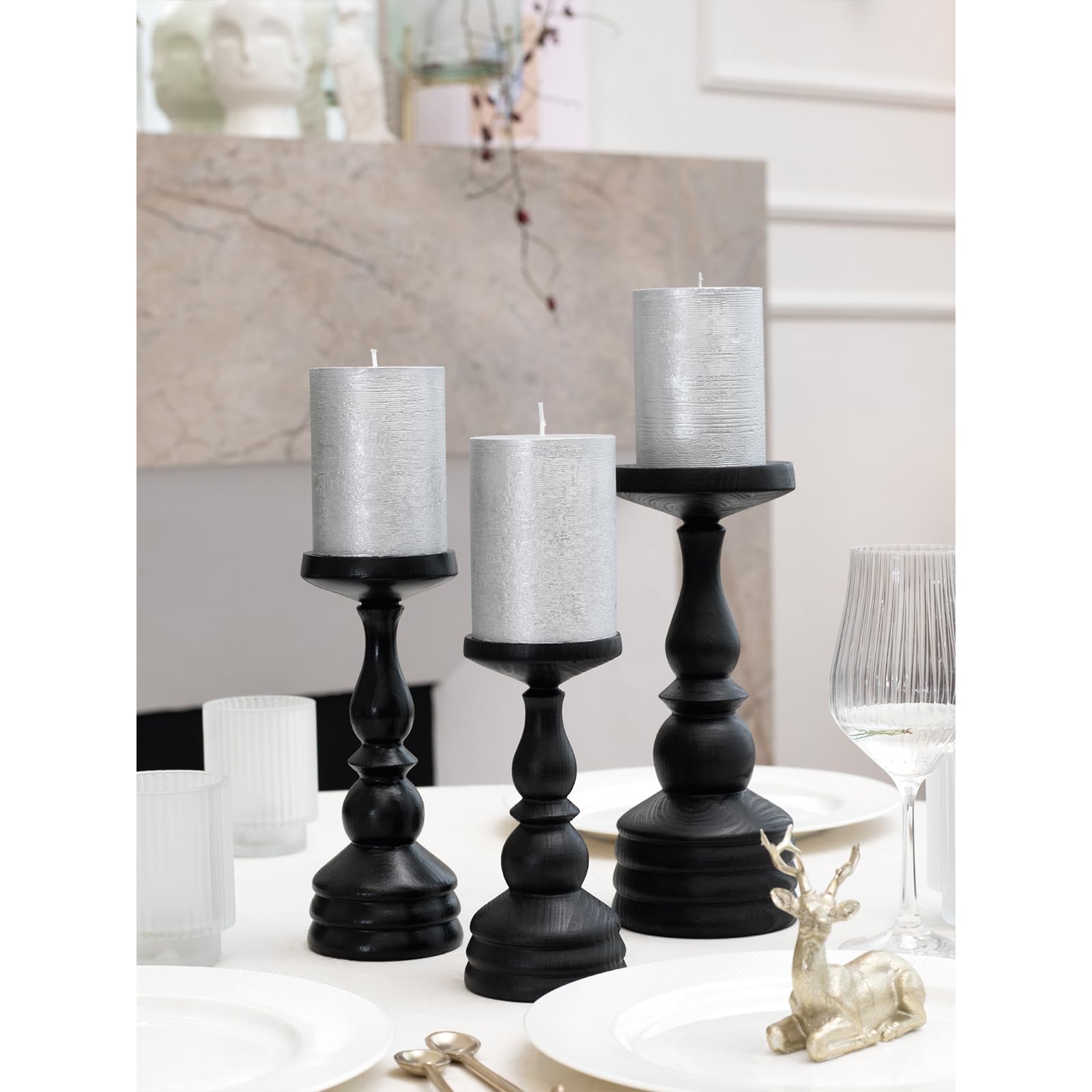 Premium CANDWAX 3x4 Inch Silver Pillar Candles Set of 3 - Unscented Non-Drip Decorative Candles for Weddings, Home Decor & Interior Design - Elegant Table Centerpiece for Dining Room, Living Room & Special Events
