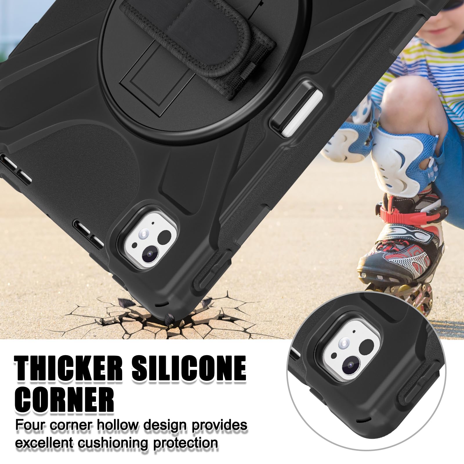**Military Grade Shockproof iPad Pro 11 Case (5th Gen/M4 2024) with Screen Protector & 360° Rotating Stand - Heavy Duty Protective Cover with Pencil Holder & Hand Strap - Perfect for Work, Travel & Outdoor Use - Black**