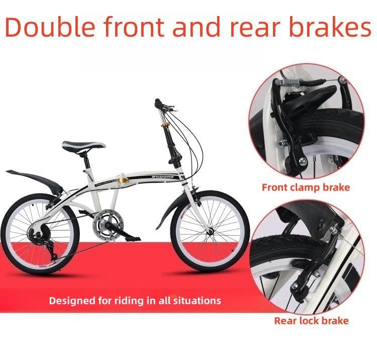 20 Inch Folding Bike for Adults & Kids - Adjustable Height, Lightweight Portable Road Bike with Double V-Brake & Mudguards - Perfect for Commuting, Travel & Urban Riding (Men & Women)