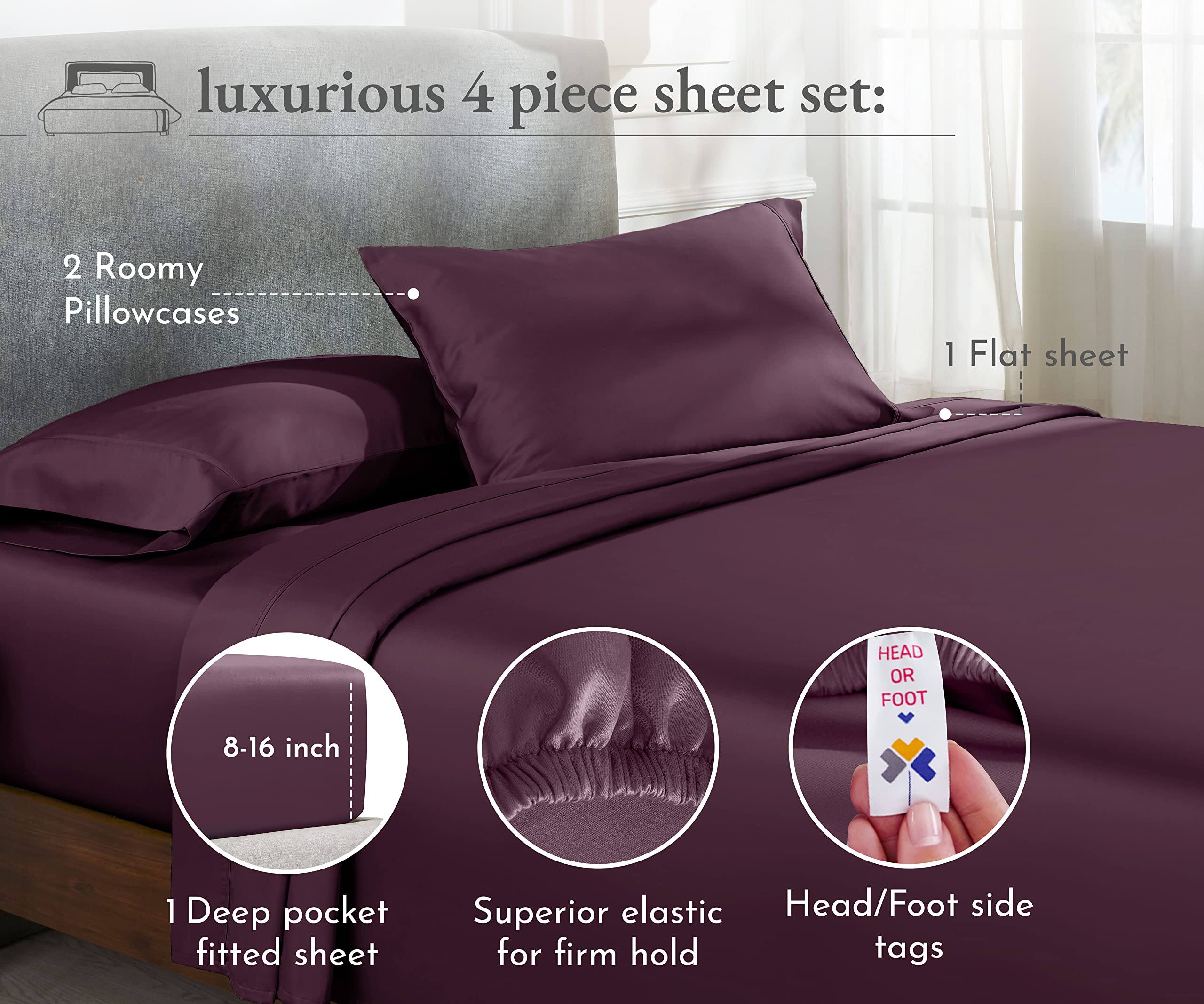 California Design Den 400 Thread Count 100% Cotton Sateen Queen Size Bed Sheet Set - 4-Piece Deep Pocket Cooling Sheets (Soft Plum) for Luxury Hotel-Style Comfort at Home