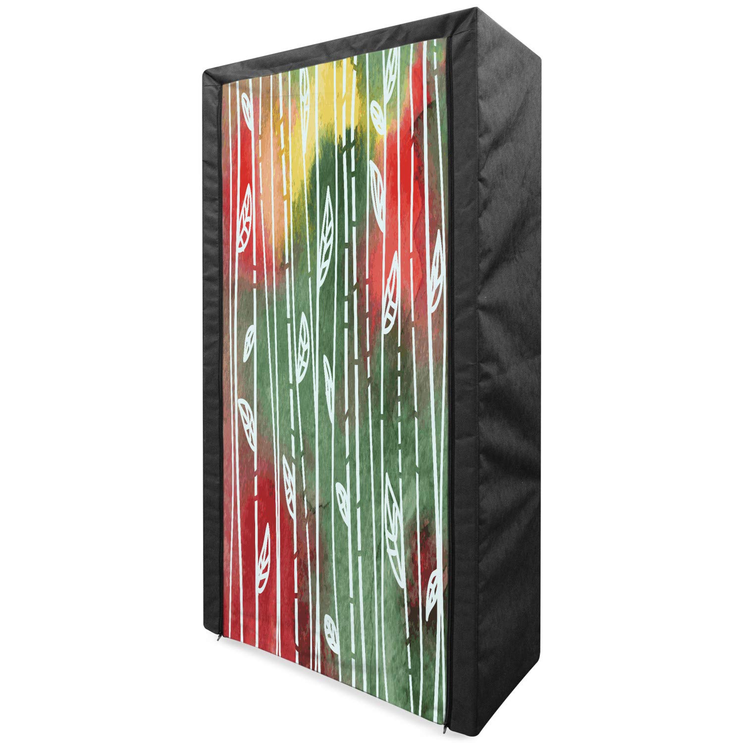 Ambesonne Watercolor Fabric Wardrobe - Portable Clothing Organizer with Shelves, Doodle Style Leaves Design, 33.5 Inch, Jade Green Yellow Red - Perfect for Bedroom, Closet & Dorm Room Storage