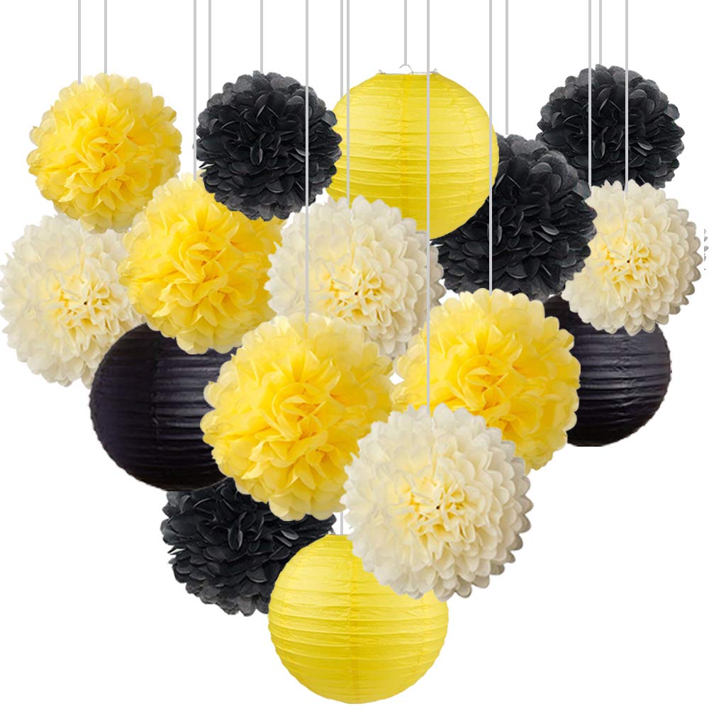 16-Piece Black & Yellow Bee-Themed Party Decor Set - Hanging Paper Lanterns & Pom Poms for Baby Showers, Gender Reveals, Birthdays, Weddings | Bumblebee Nursery Decor & Party Backdrop (Indoor/Outdoor Use)