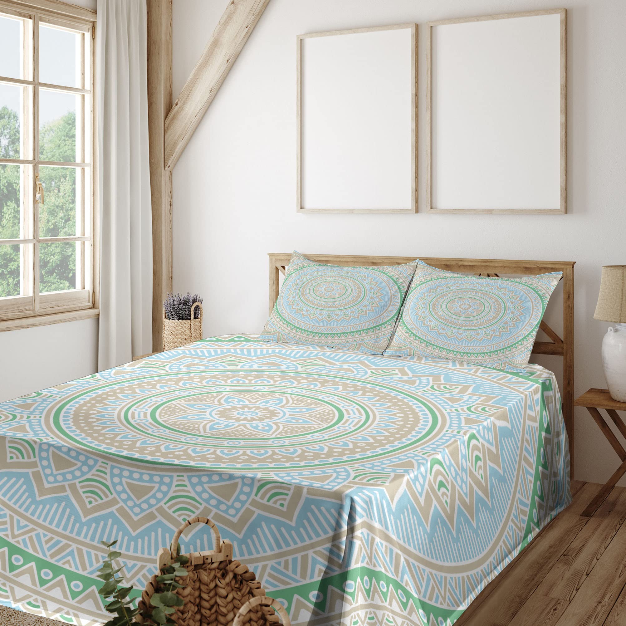 Ambesonne Mandala King Size 4-Piece Sheet Set - Pastel Blue & Sepia Oriental Motif Bedding, Soft Fitted & Flat Sheets with Pillowcases for Boho Chic Bedroom Decor | Perfect for Guest Rooms, Meditation Spaces & Spiritual Retreats