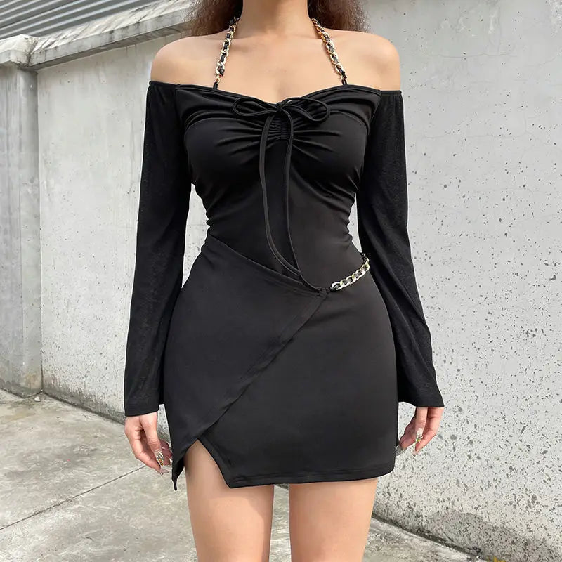 Sexy Black Bodycon Halter Dress for Women - Off Shoulder Mini Short Slim Sheath Dress - Korean Streetwear Fashion - Perfect for Night Out, Party, Club, and Casual Wear