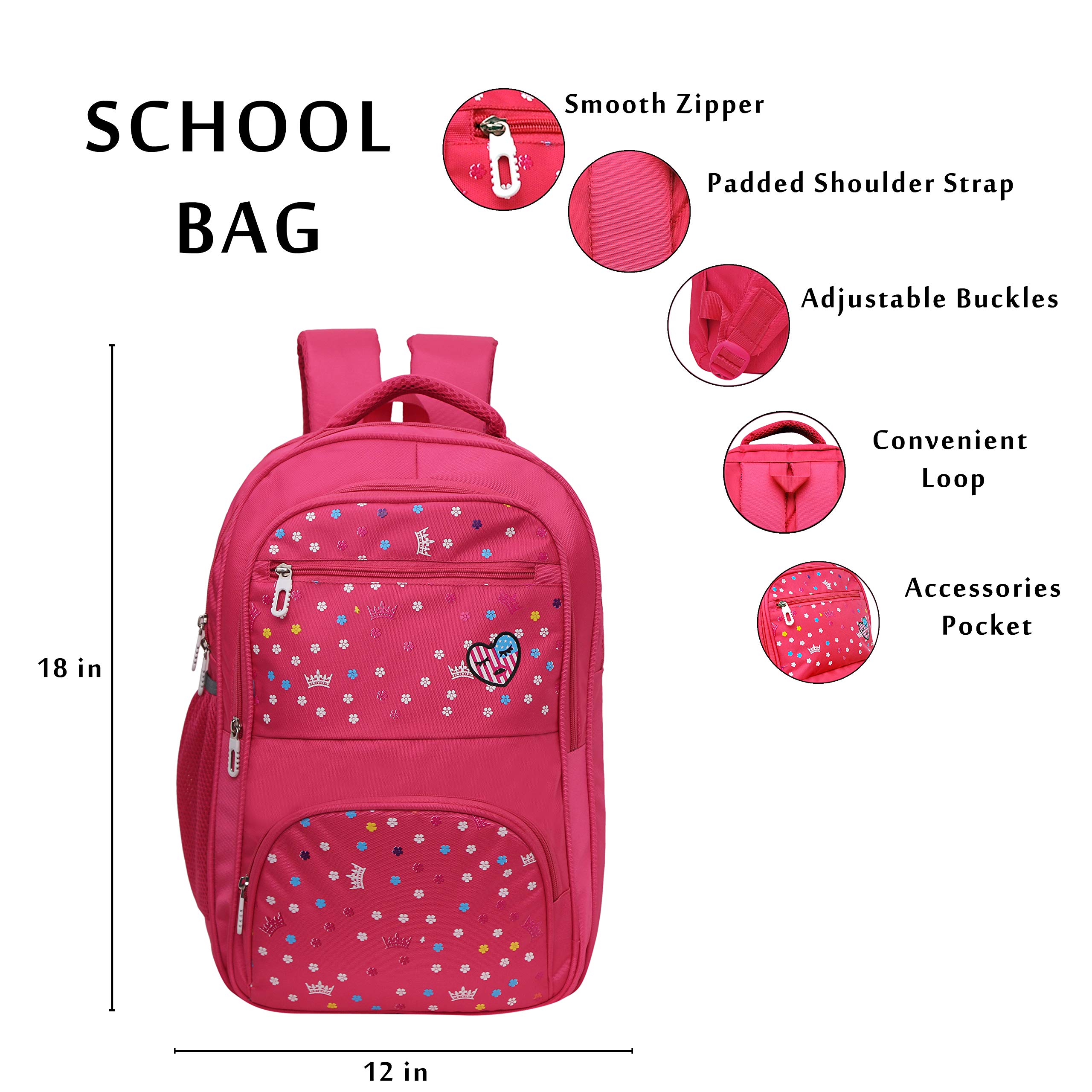 **Happile Pink Printed Fabric Large School Backpack for Girls Age 8-12 - Durable Kids Bookbag for Elementary & Middle School, Travel & Daily Use**