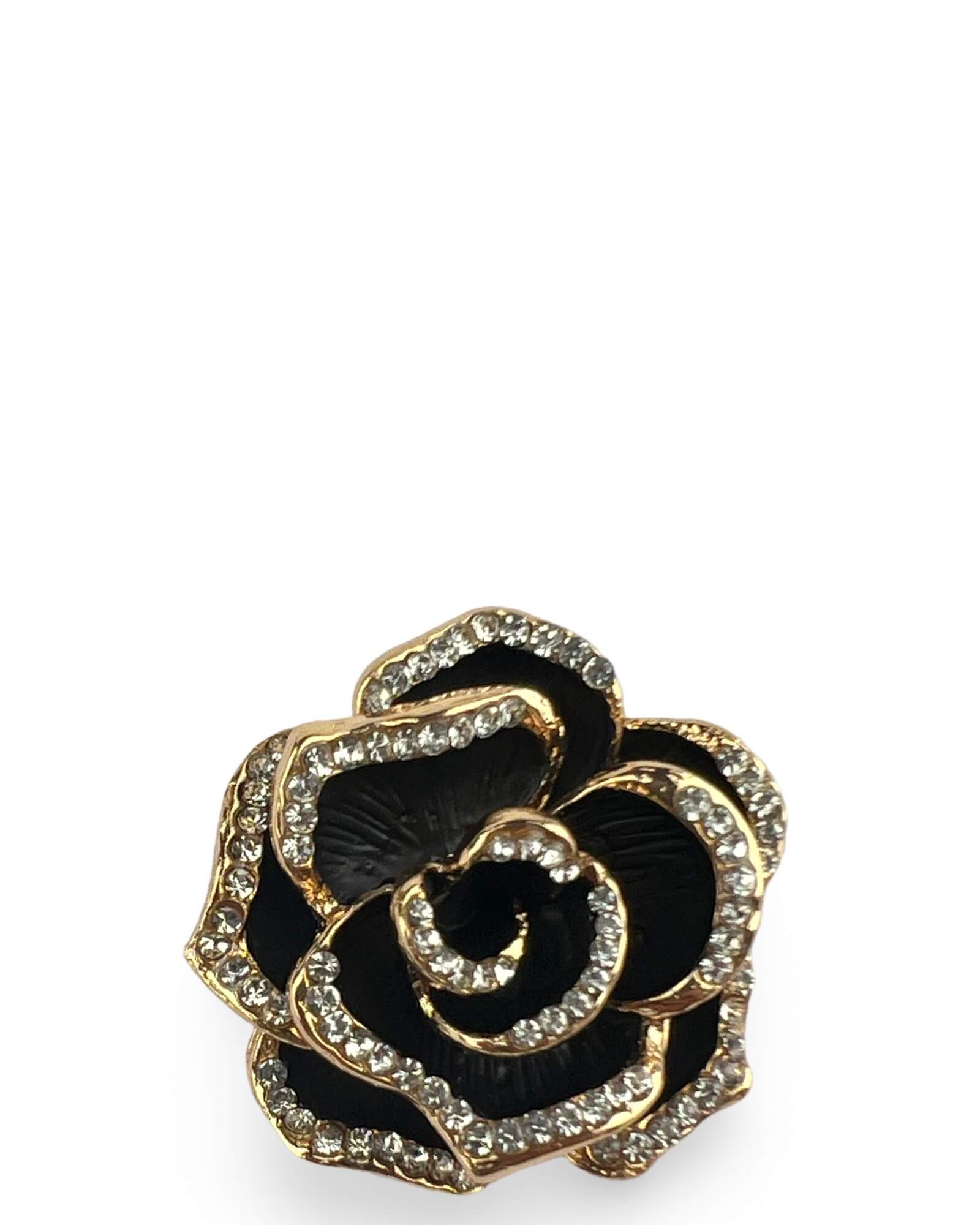 DÉCLIC Black Rose Rhinestone Brooch Pin - Gold Plated Elegant Jewelry for Women, Perfect for Dresses, Jackets, and Special Occasions