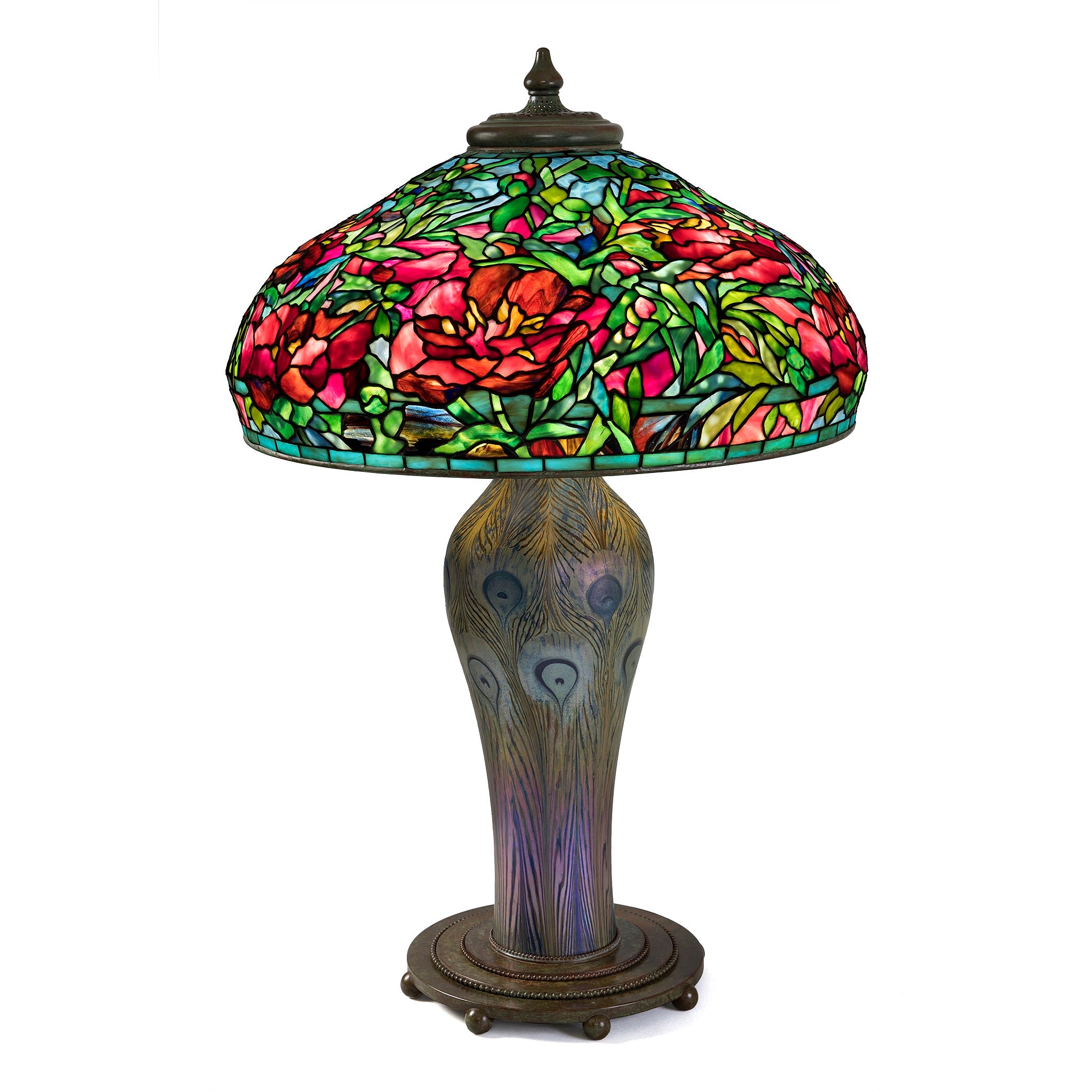 Tiffany Studios New York Elaborate Peony Table Lamp - Stained Glass Floral Design, Antique Style Home Decor for Living Room, Bedroom & Office Lighting