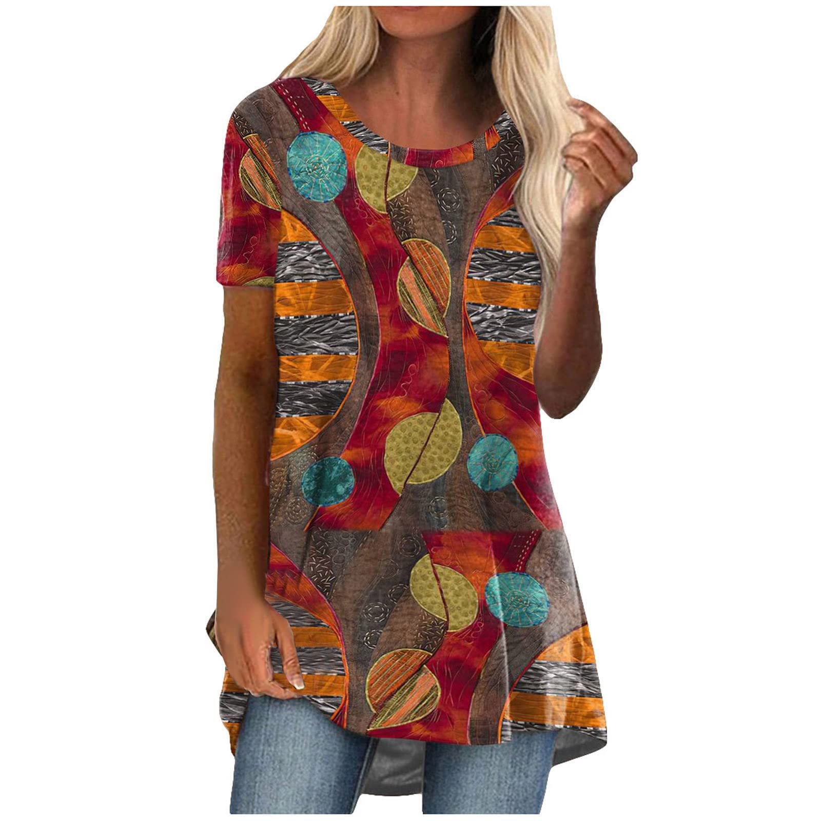 Roliyen Women's Printed Workout Tops - Short Sleeve Crewneck Athletic Tee Shirt for Yoga, Gym & Casual Wear | Moisture-Wicking Fitness Tunic Top