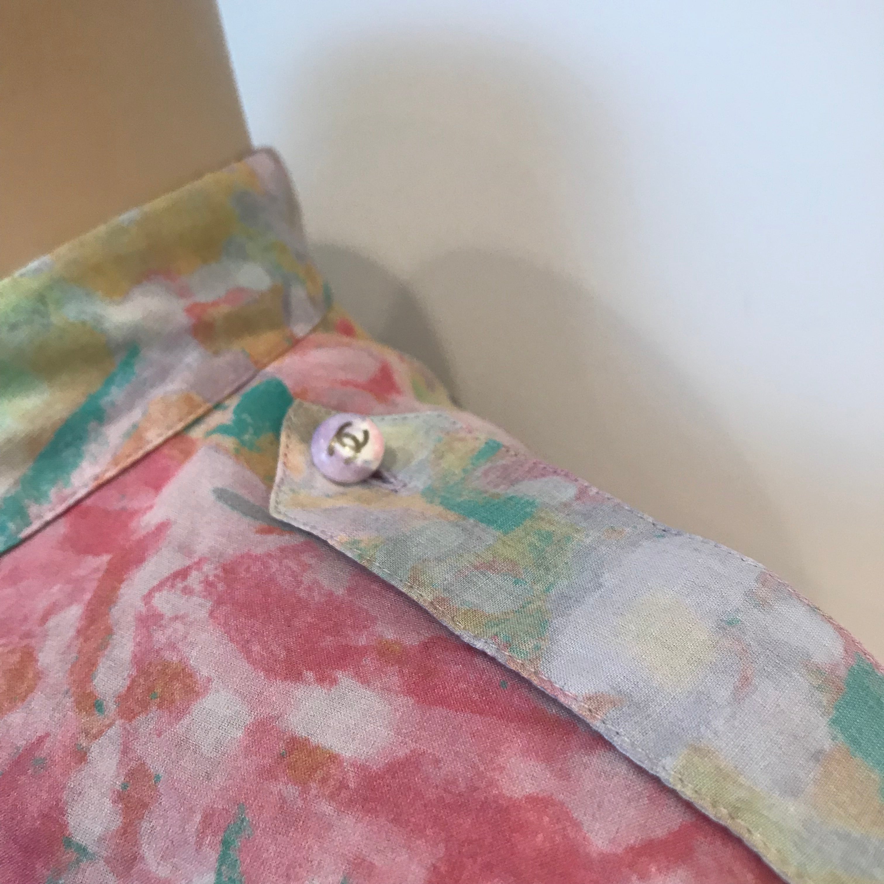 Chanel 2011 Resort Cruise Pastel Cotton Sheer Blouse for Women & Men's Shirt Size FR 44 US 12/14 - Perfect for Casual Wear, Beach Outfits, and Resort Vacations