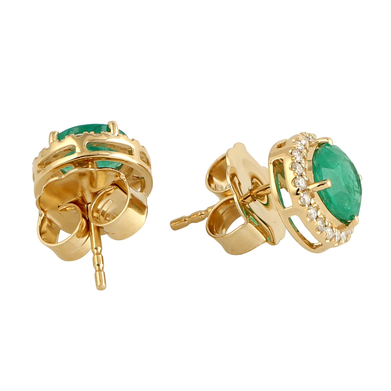 18K Yellow Gold Green Emerald Pave Diamond Halo Stud Earrings for Women - Perfect for Daily Wear, Gift Giving & Special Occasions