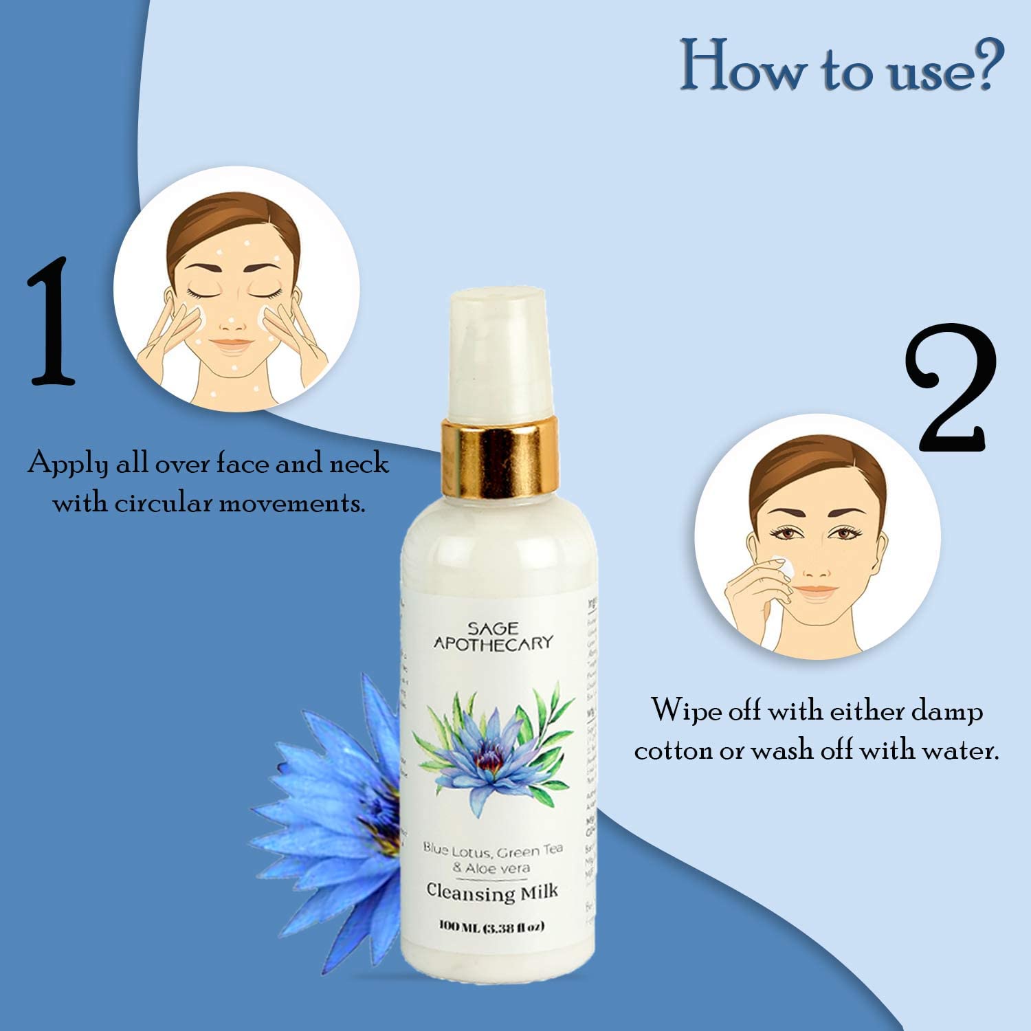 **Sage Apothecary Blue Lotus, Green Tea & Aloe Vera Cleansing Milk – Deep Pore Cleanser for Soft Skin, Makeup & Impurity Removal | 100ML Face Wash for Refreshed, Energized & Glowing Skin | Perfect for Daily Skincare & Post-Makeup Cleansing**