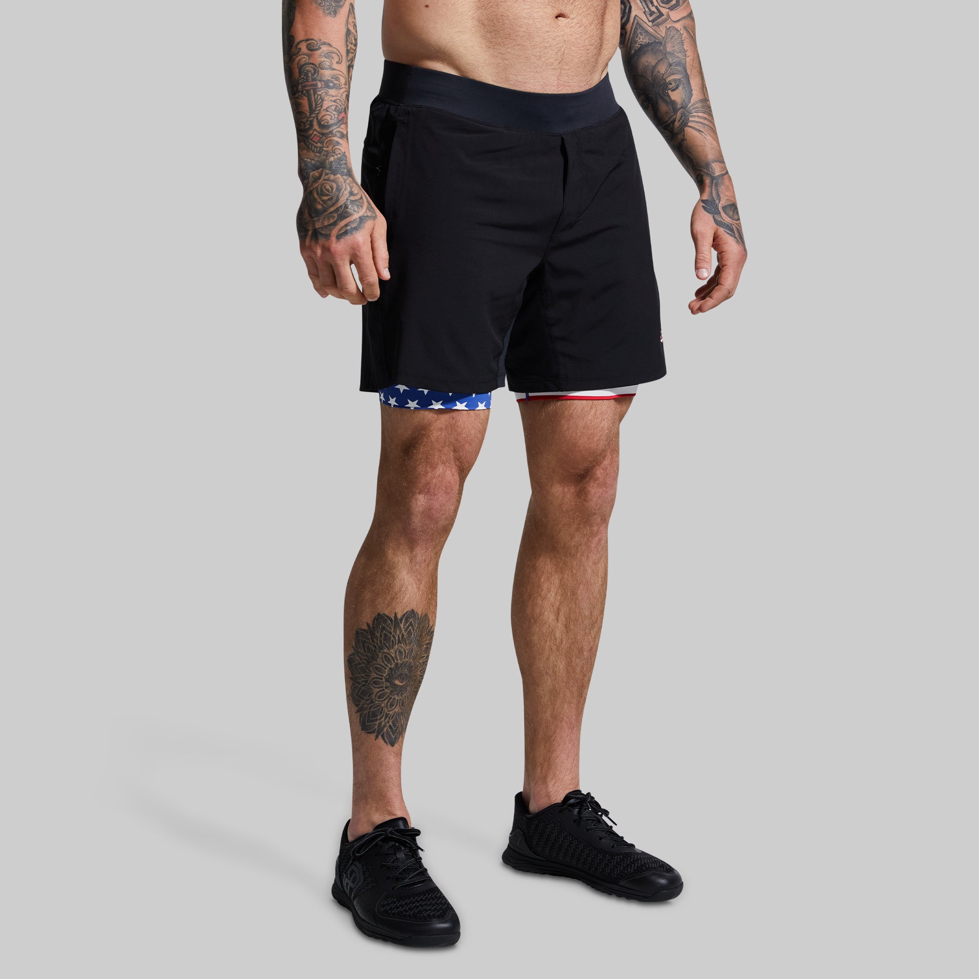 Versatile 7-Inch Compression Shorts for Men - Breathable & Moisture-Wicking Workout Shorts (Black Liberty) - Ideal for Running, Gym Training & Outdoor Sports