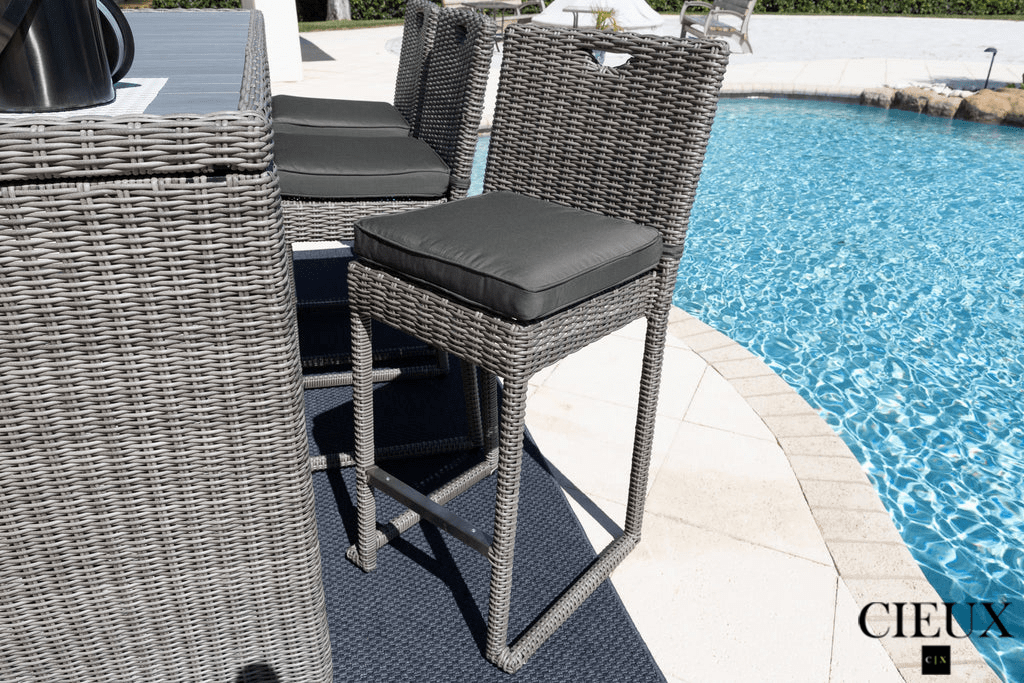Riviera Outdoor Patio Wicker Bar Table and 6 Chairs Set - Grey Rattan Furniture with Sunbrella Canvas Charcoal Cushions - Perfect for Backyard, Poolside, and Garden Dining