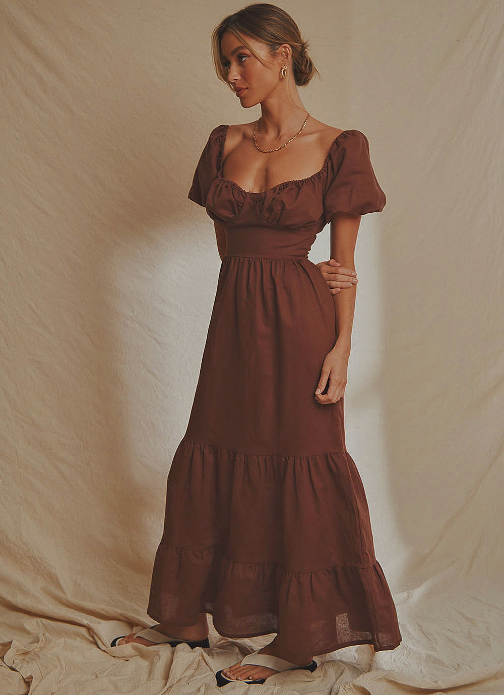 European Linen Maxi Dress in Chocolate Brown - Elegant Boho Summer Dress for Beach, Vacation & Casual Outings