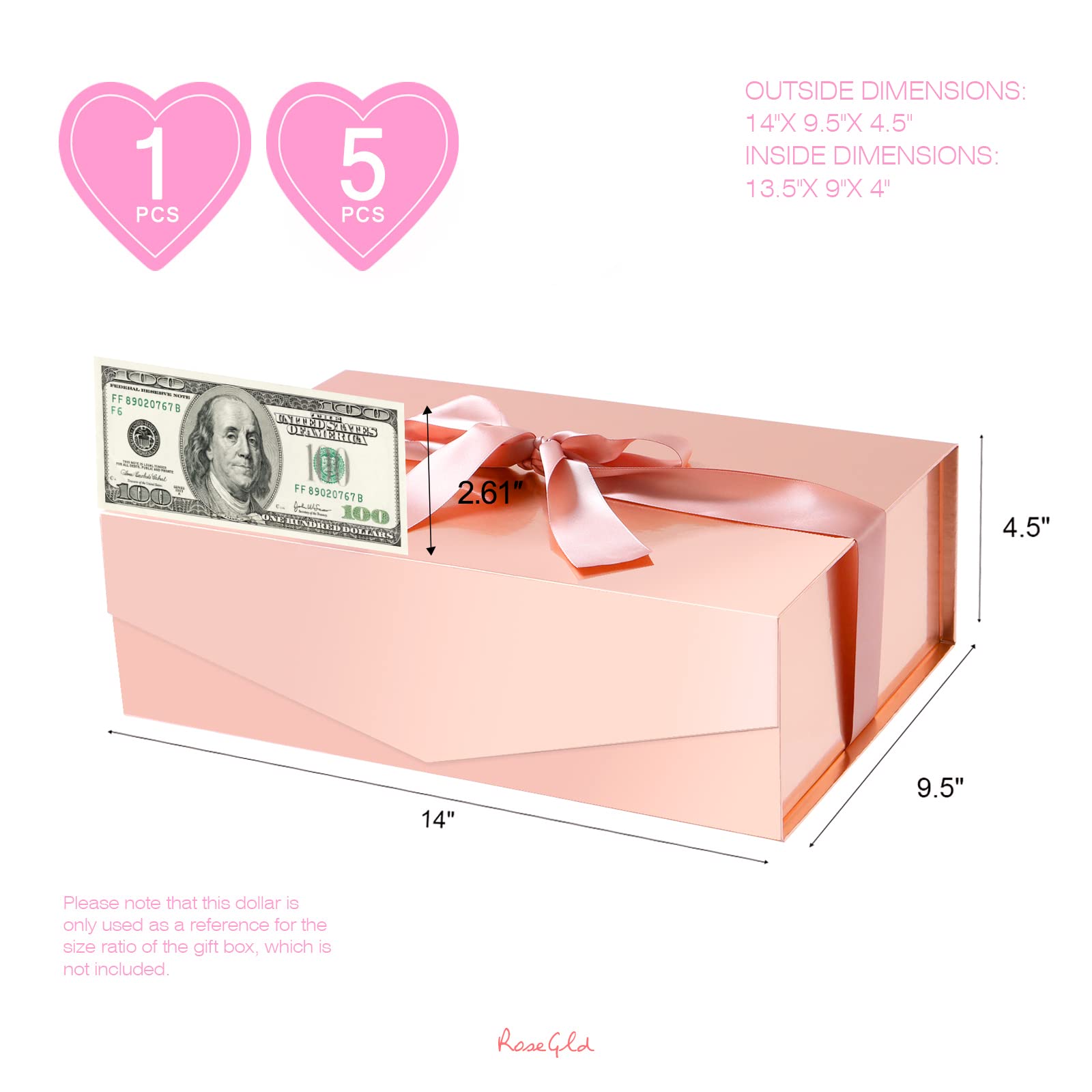 ROSEGLD 13.5x9x4.1 Inches Large Collapsible Gift Box with Ribbon & Magnetic Lid - Elegant Bridesmaid Proposal Box, Wedding Party Favors, Birthday & Anniversary Present Box (Glossy Rose Gold) - Perfect for Jewelry, Cosmetics & Luxury Gifts Packaging