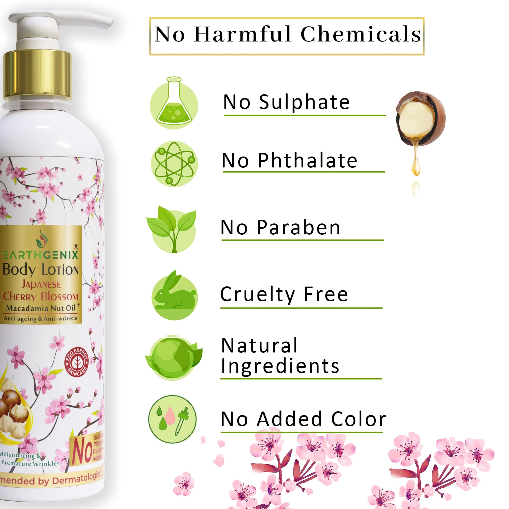 Earthgenix Japanese Cherry Blossom & Macadamia Nut Oil Body Lotion 500ml - Anti-Aging, Anti-Wrinkle Moisturizer for All Skin Types | Women & Men | Perfect for Daily Hydration & Skin Repair