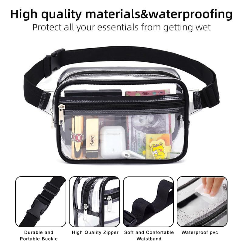 Clear Fanny Pack for Women & Men - Waterproof PVC Stadium Approved Waist Bag with Double Layer & Zipper | Concerts, Festivals, Travel & Outdoor Activities