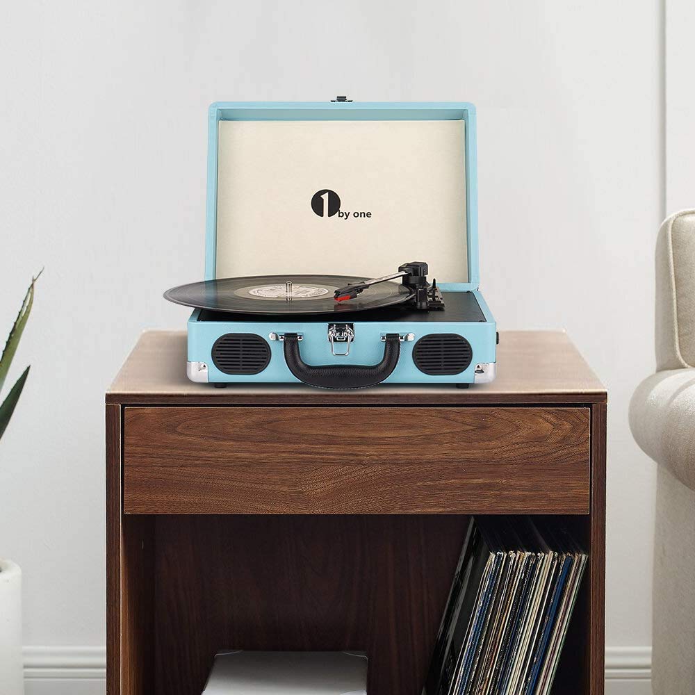 1 BY ONE Belt-Drive Bluetooth Record Player - 3-Speed Portable Vinyl Turntable with Built-in Speakers, RCA Output & Headphone Jack, MP3 & Mobile Phone Music Playback, Turquoise - Perfect for Home, Office, and Party Use