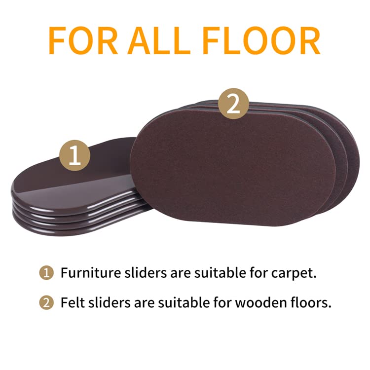 8 Pack Heavy Duty Furniture Sliders - 4 Felt Pads for Hardwood Floors & 4 Plastic Movers for Carpet - 9.5
