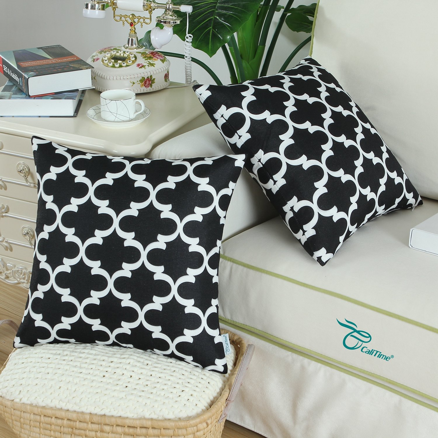 Pack of 2 Soft Canvas Throw Pillow Covers 20x20 Inches - Modern Quatrefoil Geometric Pattern for Couch, Sofa & Home Decor - Black | Perfect for Living Room, Bedroom & Office Accent