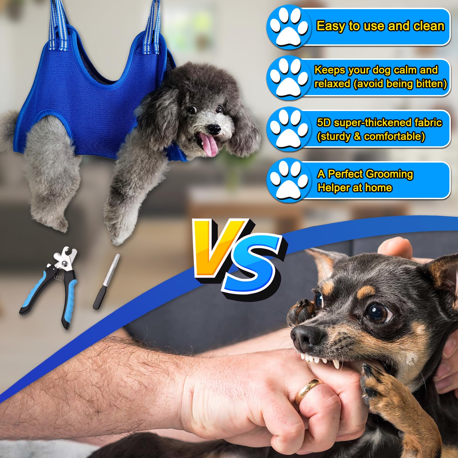 OVTEXZOG Dog Grooming Hammock Harness - Adjustable Pet Sling for Nail Trimming, Bathing & Grooming - Includes Nail Clippers & Restraint Bag - Small Size Supports Up to 30LBS (Blue) - Perfect for At-Home Pet Care & Professional Grooming Sessions
