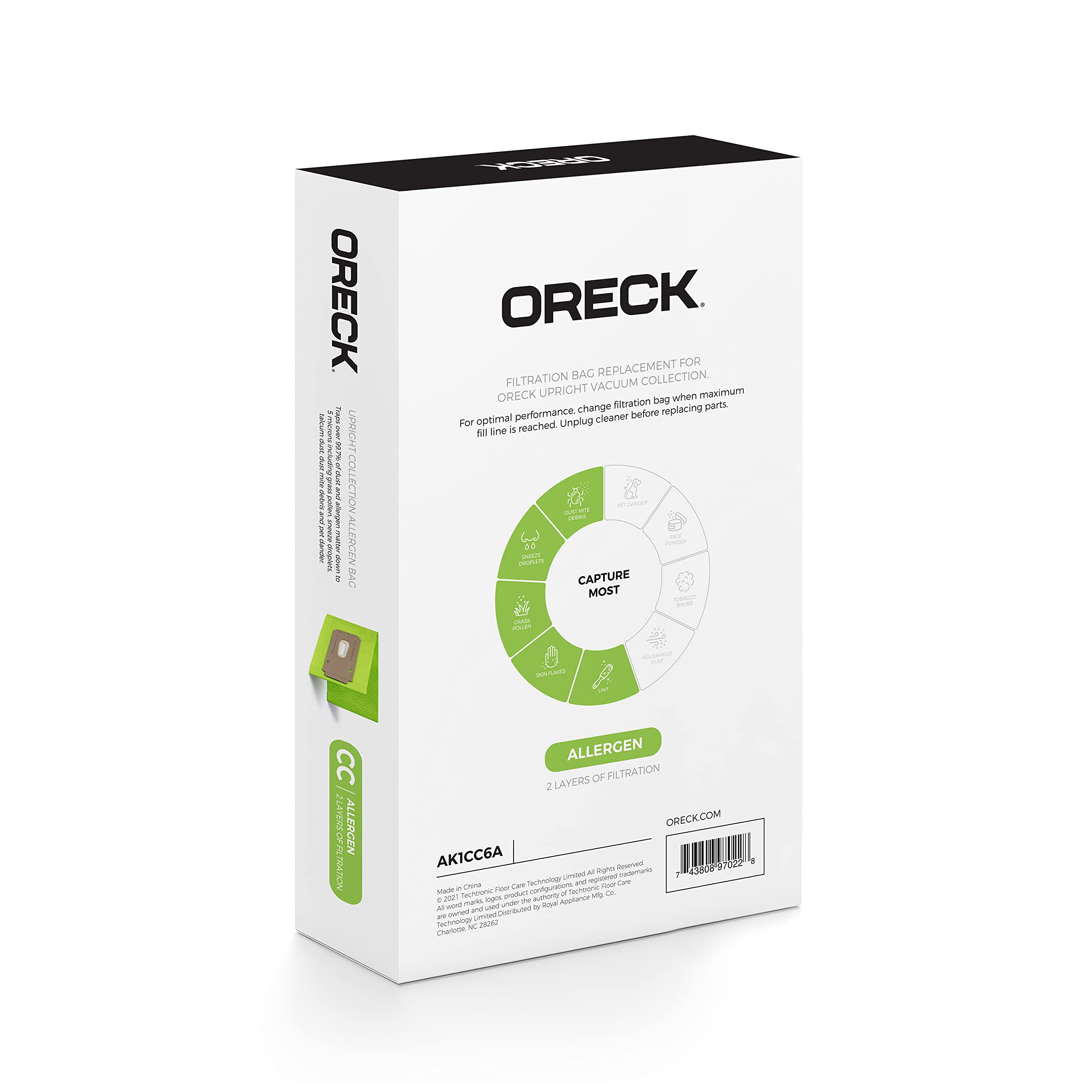 Oreck Vacuum Cleaner Bags Type CC (Pack of 6) - AK1CC6A Replacement Bags with Allergen Filtration for Oreck Upright Vacuums | Ideal for Pet Hair, Dust & Allergy Relief in Homes & Offices