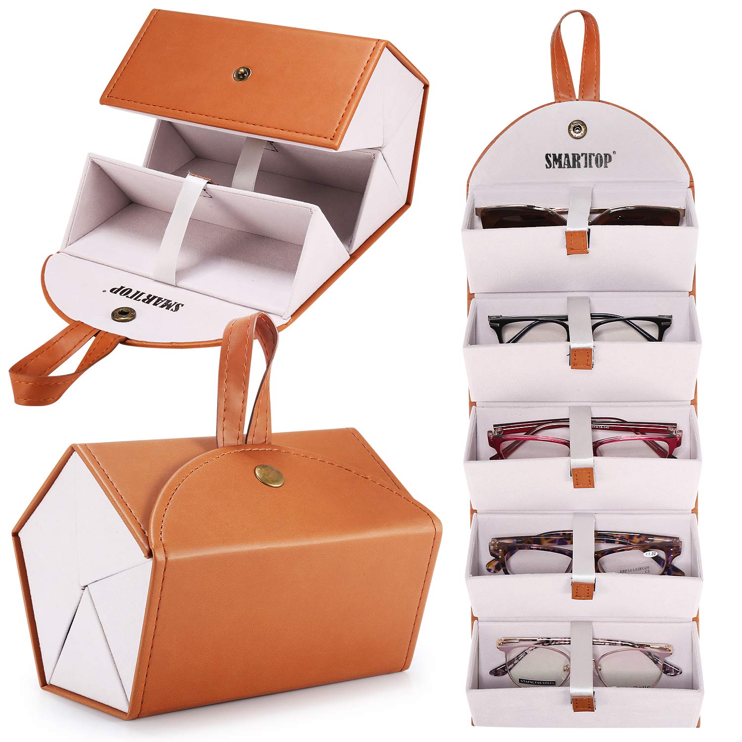 SMARTTOP 5-6 Slot PU Leather Travel Sunglass Organizer Case - Portable Eyeglasses Storage Holder for Men & Women - Perfect for Travel, Hiking, Beach & Daily Use