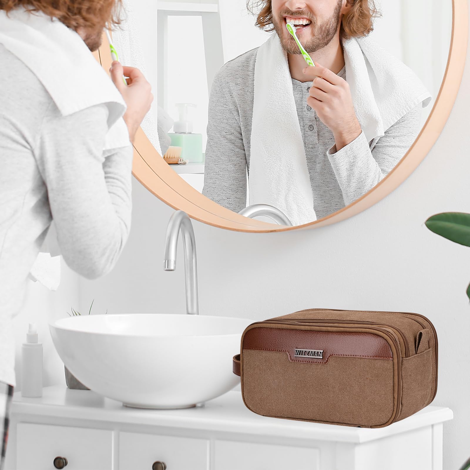 WITZMAN Large Canvas Toiletry Bag for Men - Waterproof Hanging Dopp Kit with Leather Trim, Spacious Travel Bathroom Organizer (Brown A8002) - Perfect for Gym, Camping & Business Trips