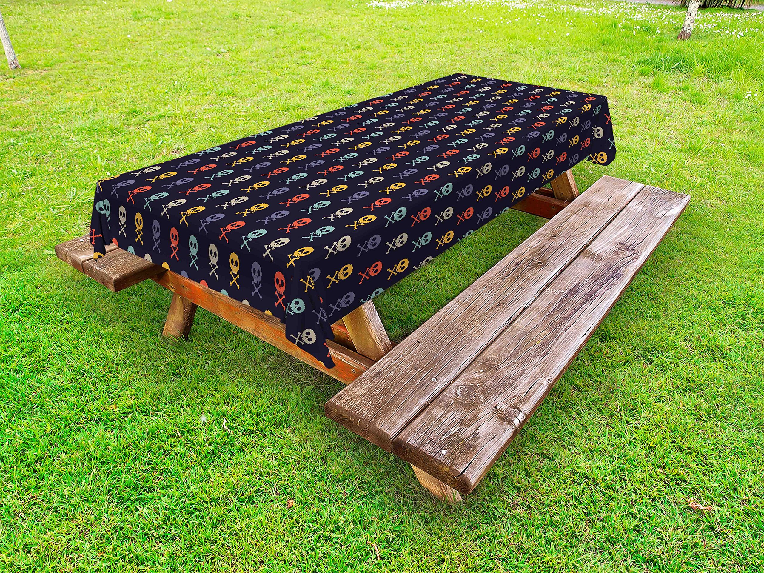 Ambesonne Pixel Art Outdoor Tablecloth - Skull & Bones Pirate Design, Colorful Dark Background, Waterproof Washable Picnic Table Cover 58x104 Inches - Perfect for Halloween Parties, Beach BBQs & Outdoor Dining Decor