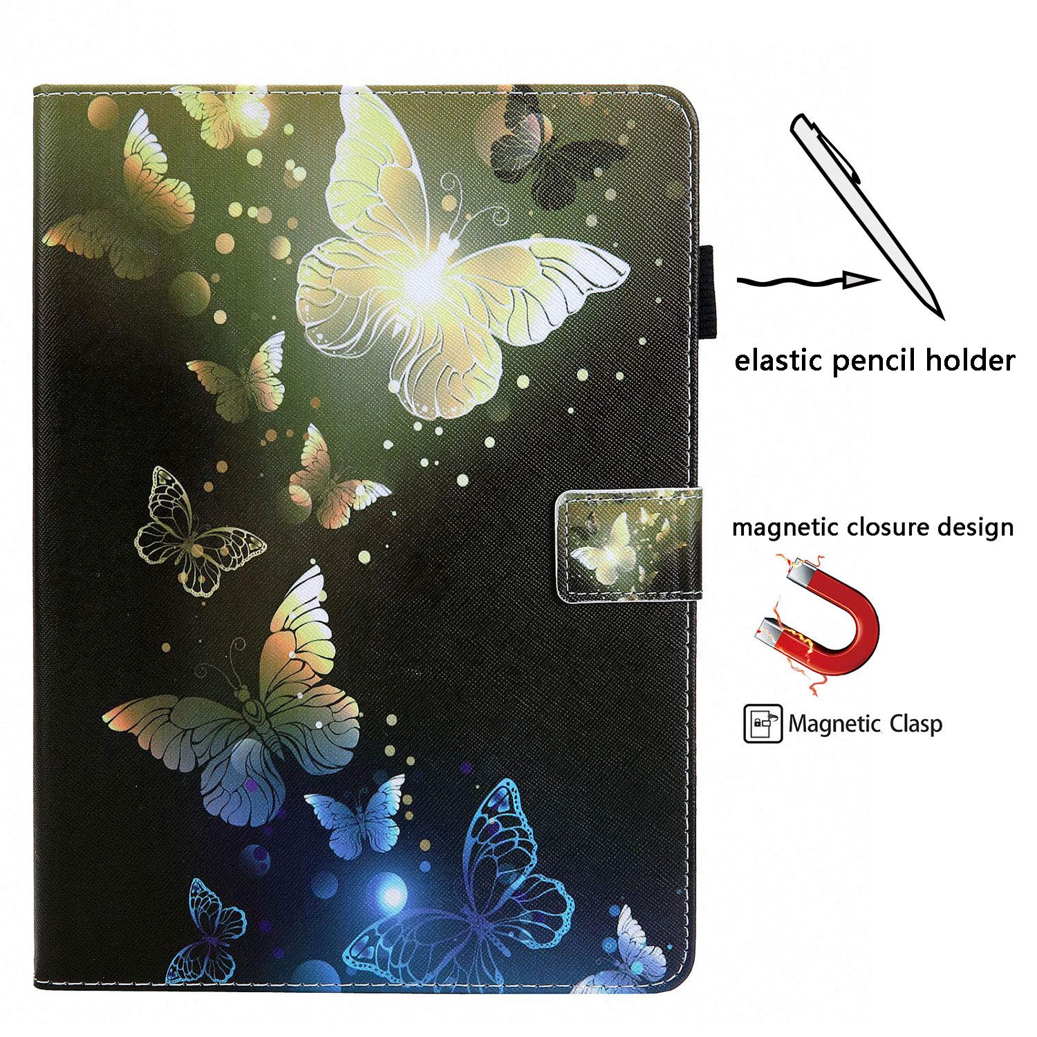 Premium PU Leather Smart Case for iPad 10.5 / iPad Air 3 (2019) / iPad Pro 10.5 (2017) - Auto Sleep/Wake, Stand Function & Pencil Holder - Gold Blue Butterfly Design - Perfect for Work, Study & Travel Protection