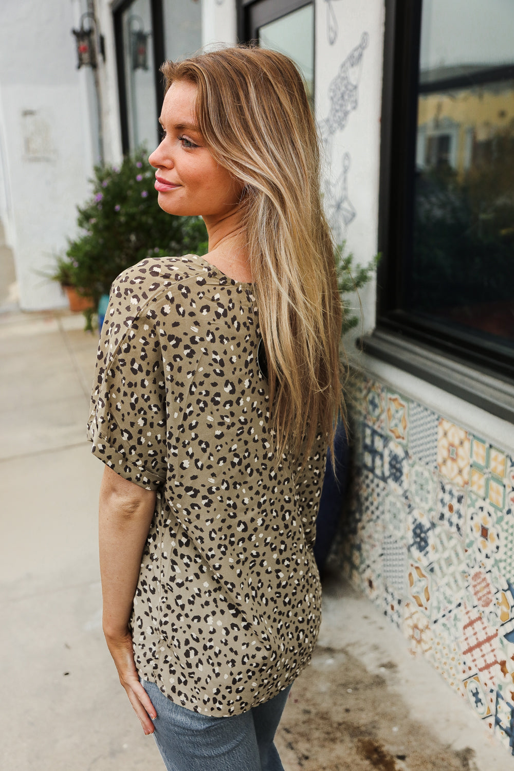 Best In Bold Sage Animal Print V Neck Dolman Side Slit Top - Stylish Women's Casual Blouse for Work, Date Night & Everyday Wear