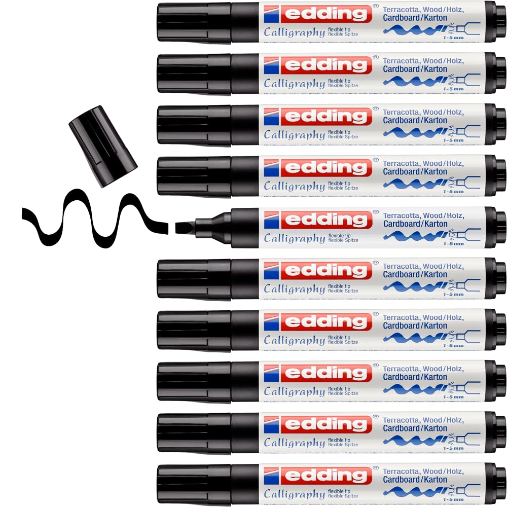 Edding e-1455 Permanent Marker Pens - 10 Pack Black with 1-5mm Calligraphy Tip for Art, DIY Projects & Hand Lettering - Waterproof & Fade-Resistant Ink for Paper, Wood, Metal & More