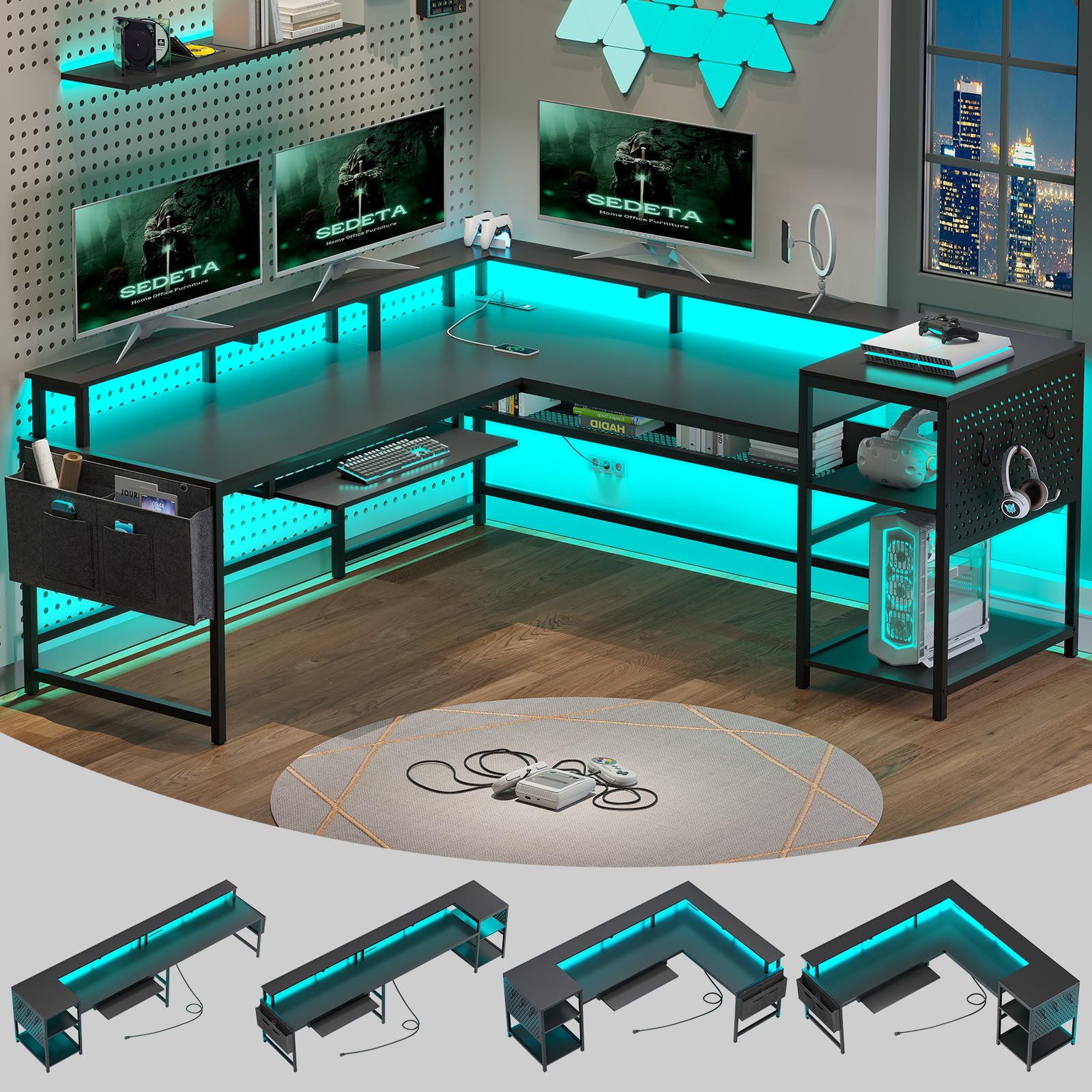 SEDETA L-Shaped Gaming Desk with Power Outlets & LED Lights - Reversible Computer Desk with Monitor Shelf, Keyboard Tray, Pegboard & Storage Shelves - Perfect for Home Office, Gaming Setup & Workstation (Black)