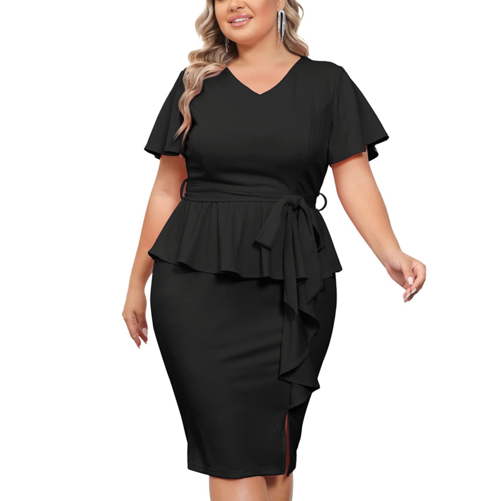 Hanna Nikole Women's Plus Size Pencil Dress - V Neck Ruffle Sleeves Vintage Style Dress for Wedding Guest, Office Work & Special Occasions | Elegant Formal Wear for Curvy Women