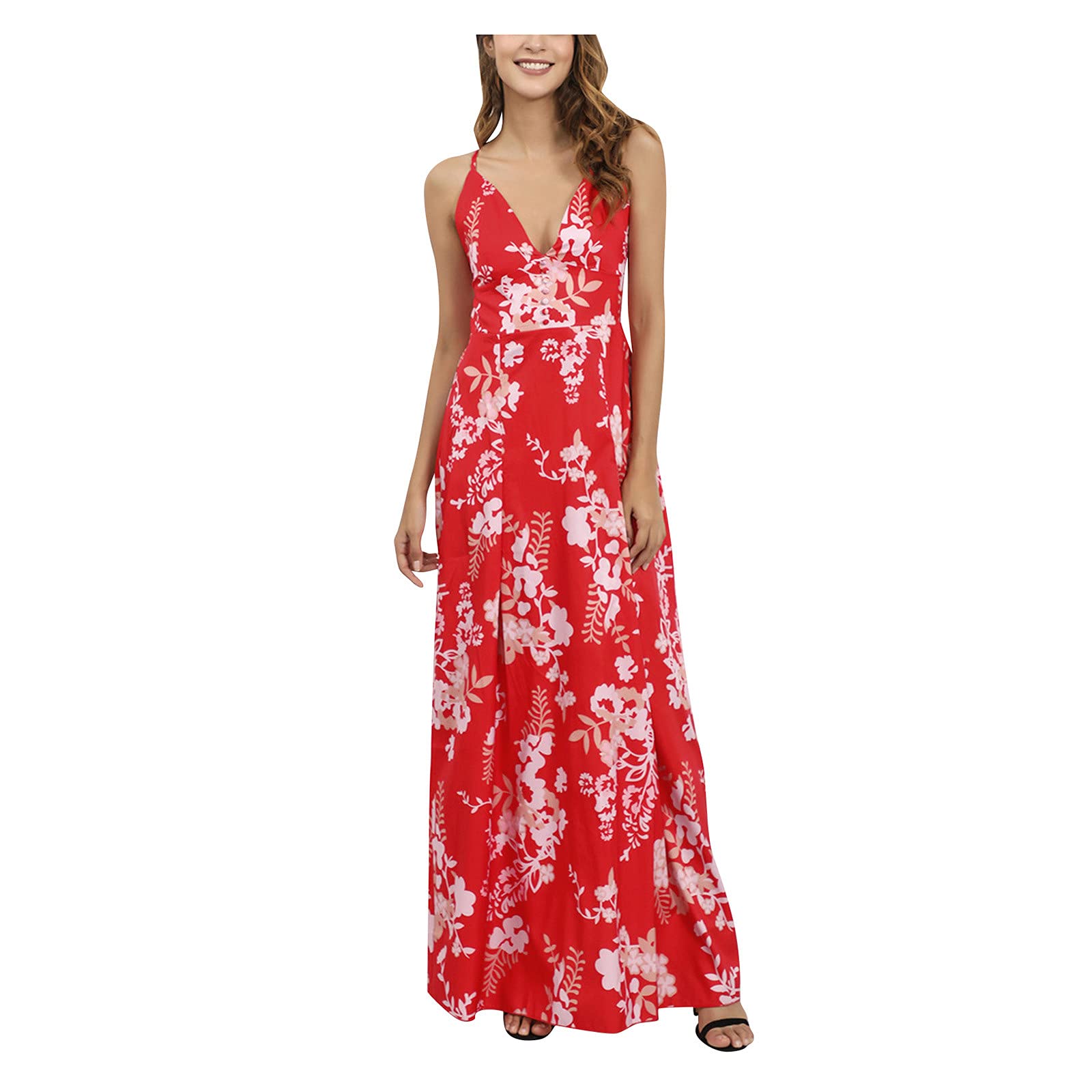 Sexy V-Neck Floral Print Chiffon Maxi Dress for Women - Long Flowy Summer Dress with Spaghetti Straps for Beach, Wedding, Party & Evening Wear