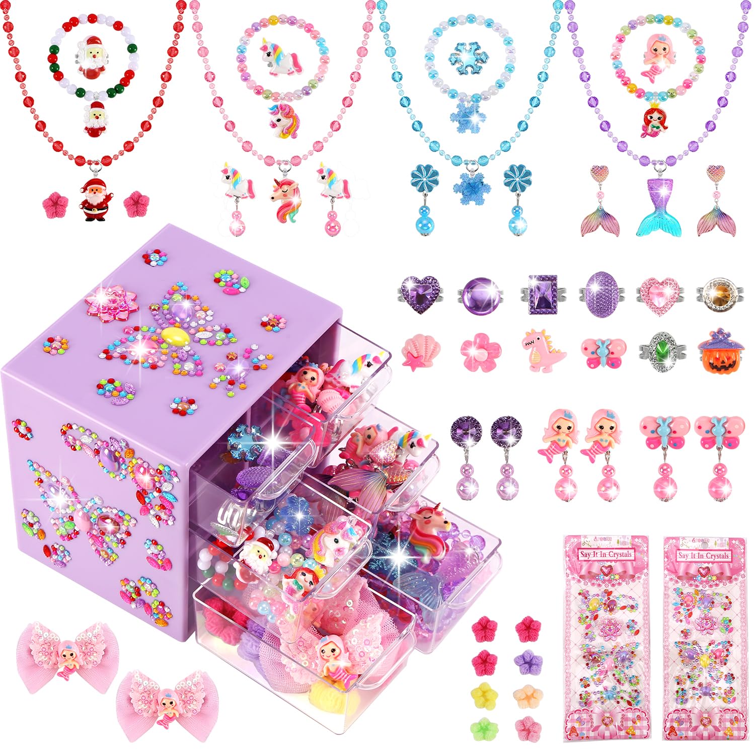 51 Pcs Girls Jewelry Set for Toddlers Ages 3-10 - Clip on Earrings, Adjustable Rings & Hair Clips - Princess Dress Up Toys for Birthday & Christmas Gifts - Perfect for Pretend Play, Tea Parties & Dress Up Games
