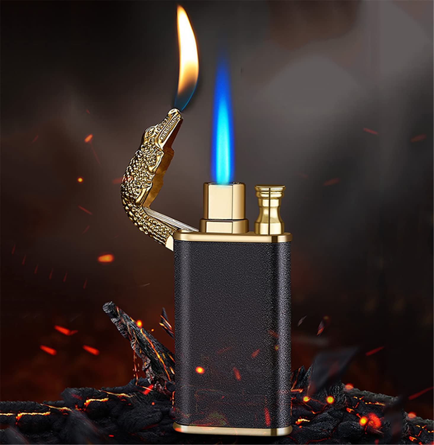 Windproof Double Flame Butane Lighter for Cigars & Outdoor Use - Black