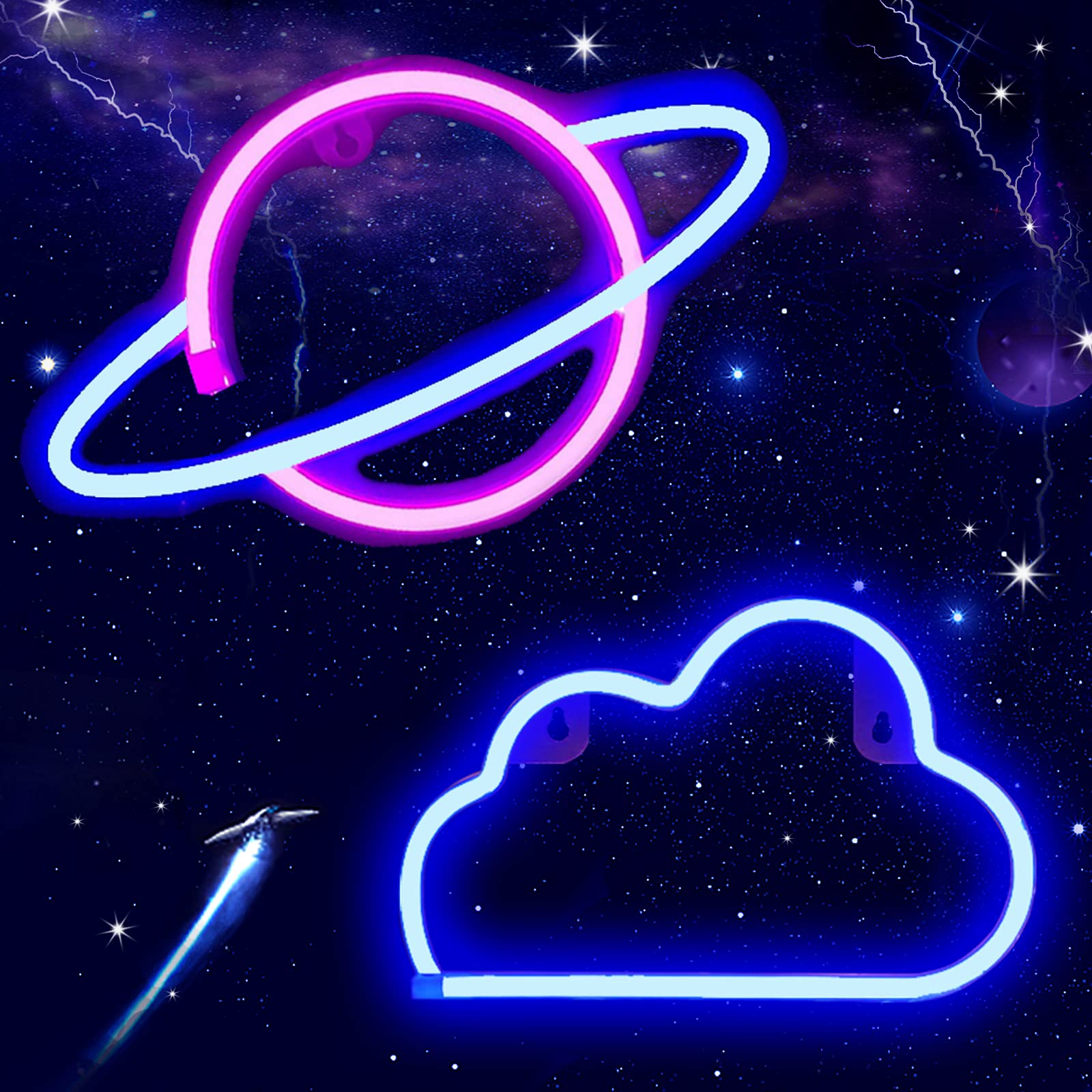 NICETHUMB LED Neon Light 2-Pack - Planet & Blue Clouds Design, Battery/USB Powered Decorative Neon Signs for Bedroom, Kids Room, Bar, Home Decor - Perfect for Parties, Weddings & Instagrammable Wall Art